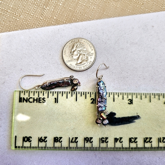 Peacock Stick Natural Pearls Dangle Earrings 925 - Picture 13 of 15